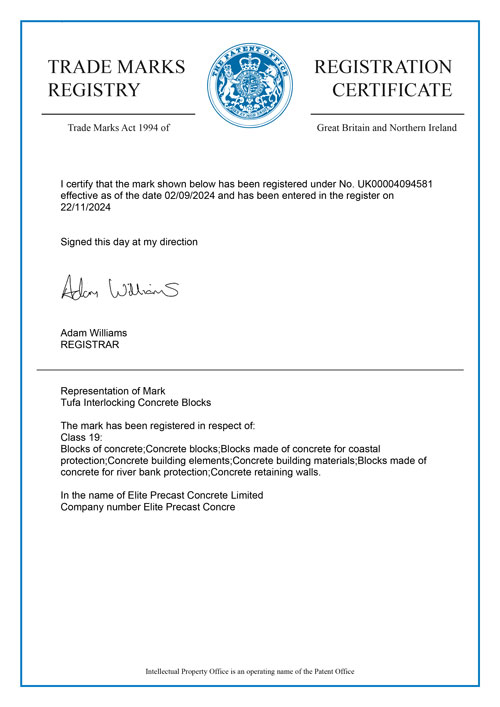 Tufa Registered Trade Mark Certificate